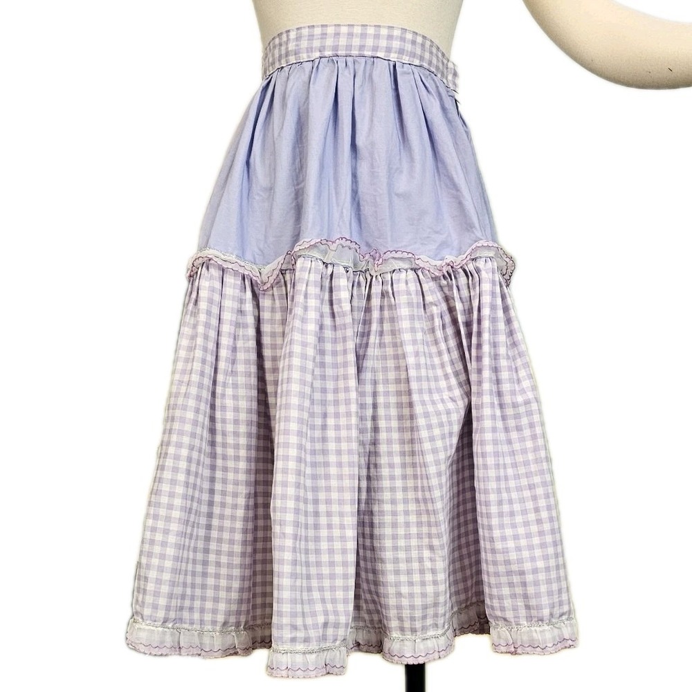 Vintage 1940s 50s Skirt Lilac Purple Gingam Scalloped Lace Ruffle Tiered Picnic
